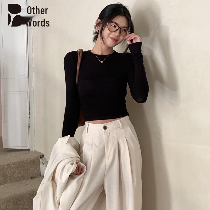 Women s Slim Fit Long Sleeve Round Neck Cropped T-Shirt S
