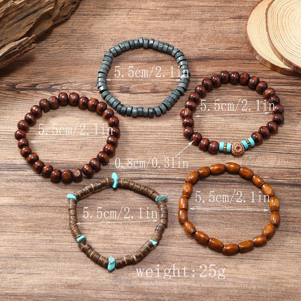 5Pcs Wood Beads Beaded Bracelet Set For Men Women Vintage Wood Beads Elastic Chain Bangle  Daily Party Jewelry
