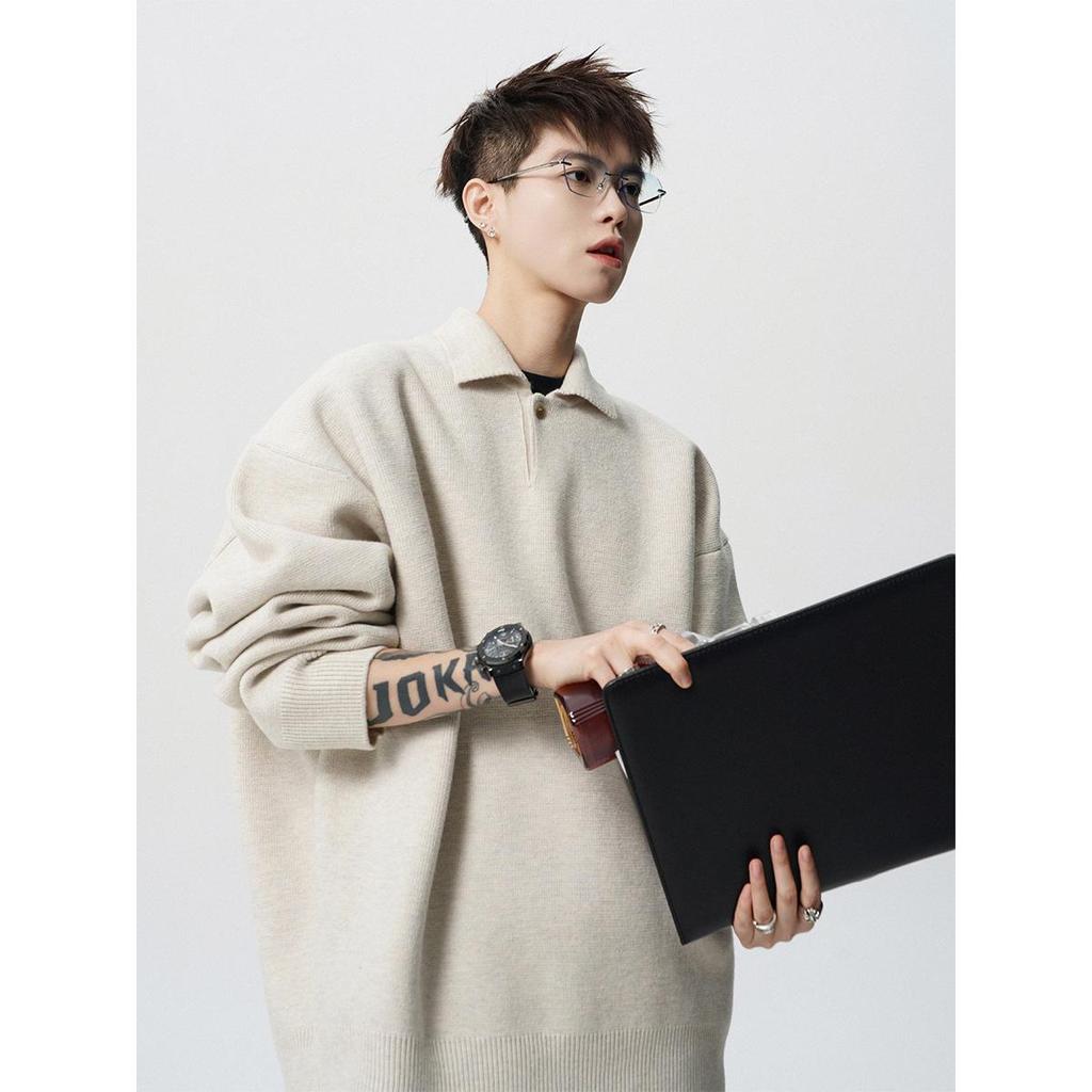 Men's Trendy High-End POLO Collar Sweater - Solid Color Knitwear for Spring & Autumn, Versatile American BF Couple Style