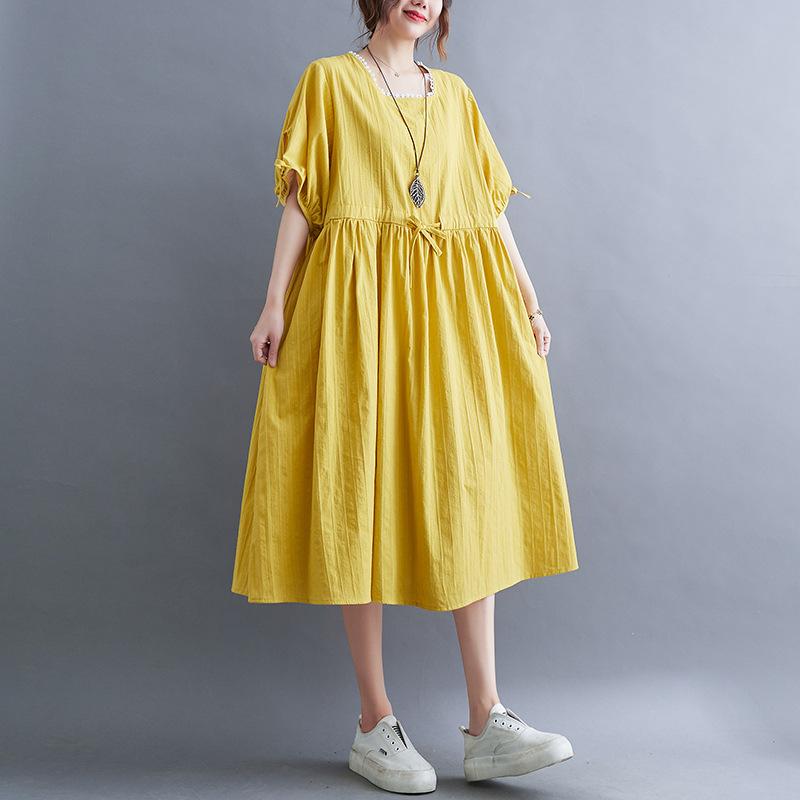 Long Dress Women Linen Large Size Loose Summer Solid Color Short-sleeved Dress Knee-length Thin Large Swing Dress