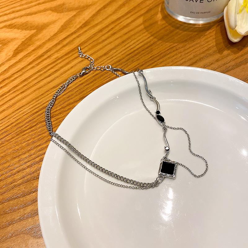 ins style light luxury double-layer square zircon necklace women's irregular collarbone chain trendy cool accessories