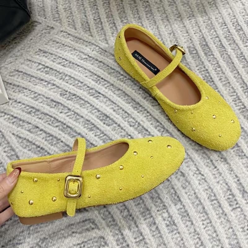 New Metal Rivets Mary Janes Women Comfort Soft Bottom Round Toe Flat Casual Shoes Elegant Slingback Brand Ballet Shoe for Ladies