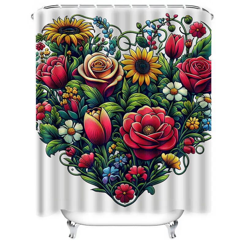 Elegant Floral Heart Design Shower Curtain - Waterproof, Mildew-Resistant, Machine Washable For Romantic Bathroom Decor