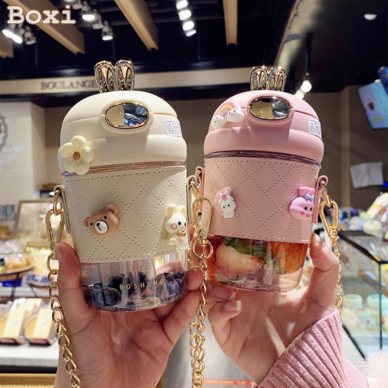 Adorable Rabbit Ear Plastic Water Bottles With Straw For Girls Kids Lightweight Strap Student Bottle With Cup Cover Anti-drop BPA Free