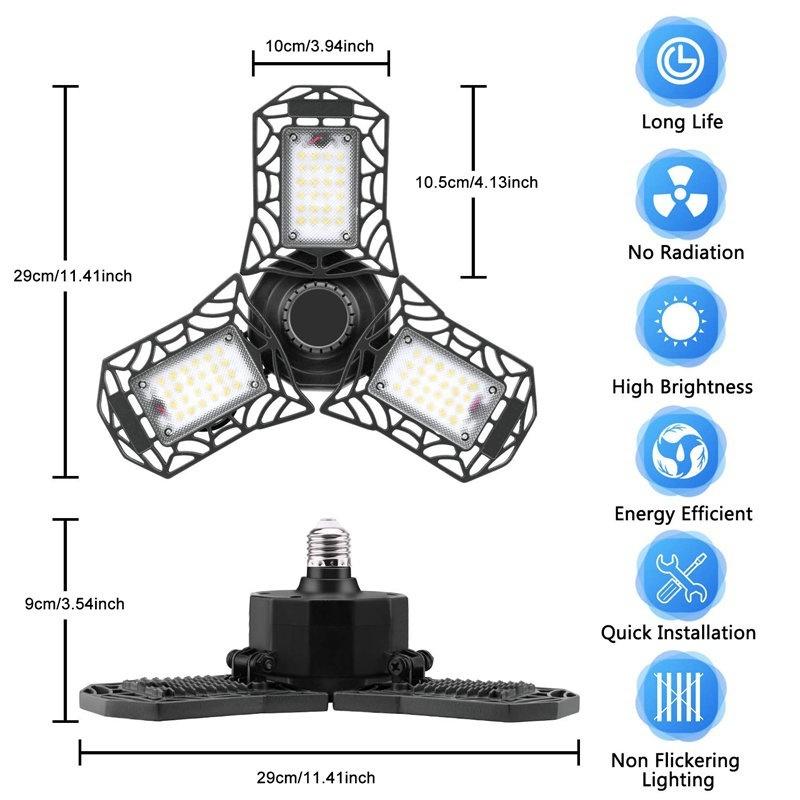 360 Degree LED Garage Lights E27 40/60/80W Deformable Ceiling Lights 3 Panel Adjustable for Garage Ceiling Workshop