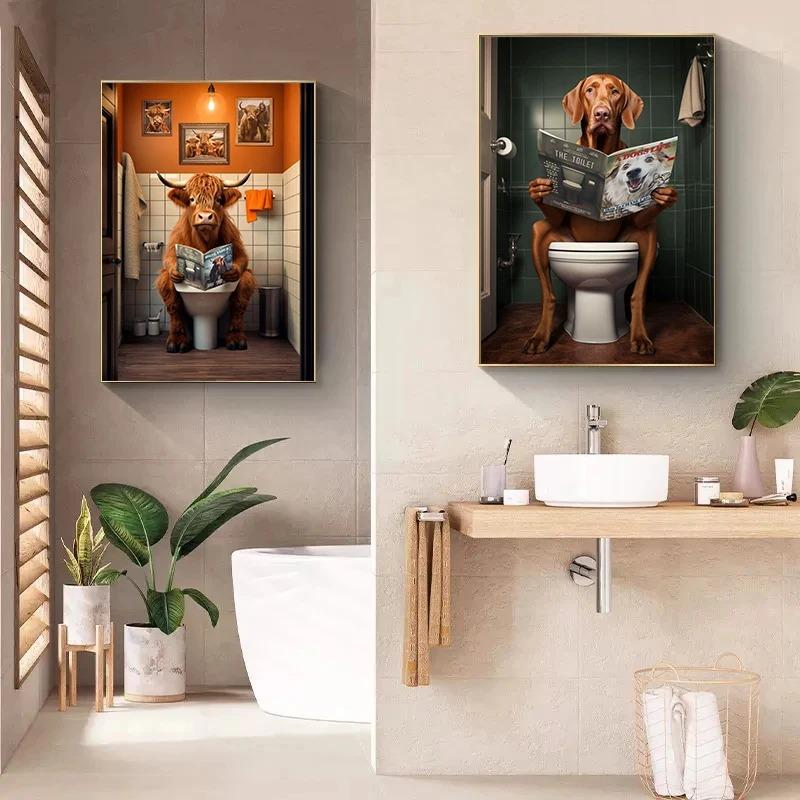 Funny Bathroom Dog Animal Sitting On The Toilet Reading A Newspaper Art Poster Canvas Painting Wall Prints Picture Home Decor