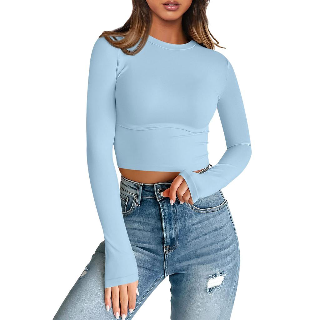 Women's Fashion Neckless T-Shirt Basic Slim Color Long Sleeve Top