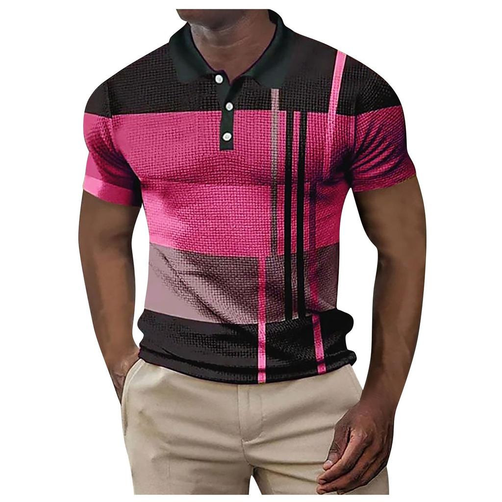 Men's Casual Striped Print Polo Shirt with Short Sleeves for Summer