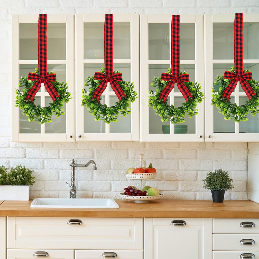 Mini Xmas Kitchen Cabinet Wreaths Small Xmas Artificial Wreaths with Plaid Bow for Door Window Wall