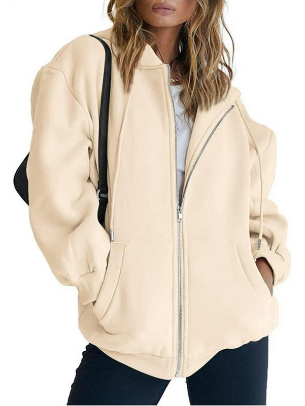 2026 Trendy Women's Solid Color Zipper Hooded Cardigan Jacket with Pockets