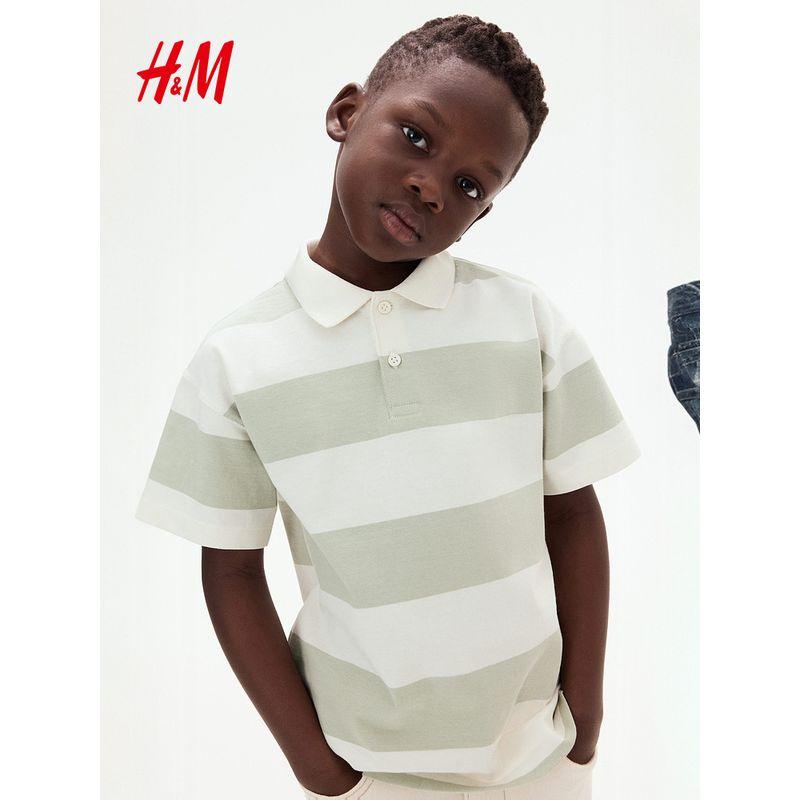 

HM Children s Clothing Boys Polo Shirt 2025 Summer New Arrival Cotton Polo Collar Stripes Loose Short Sleeve 1275457 Light gray green/Stripes 110/56(2-4Y)