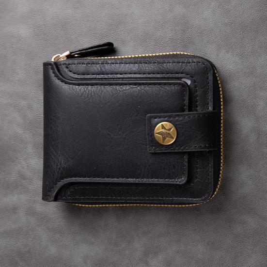 Men Short Wallet Zip Closure Slim Card Holder Wallet Faux Leather Minimalist Bifold Wallet for Cards Cash Coins