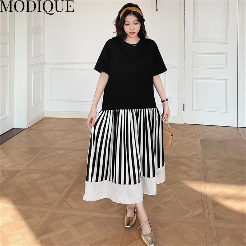 MODIQUE Sommerkleider für Damen in Übergröße, lockere, vielseitige A-Linie, Streifen, Patchwork, plissiertes Baumwoll-T-Shirt, lange Kleider für Damen, lässig, kurzärmelig, O-Ausschnitt