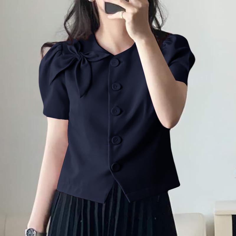 

VONDA Женская повседневная Свободная блузка с круглым вырезом и коротким рукавом, сплошной цвет L темно-синий