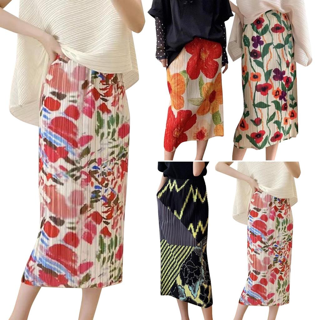 Ladies' Fashionable Midi Skirt With Pleated Print And Elastic Waist, Mid Length Skirt