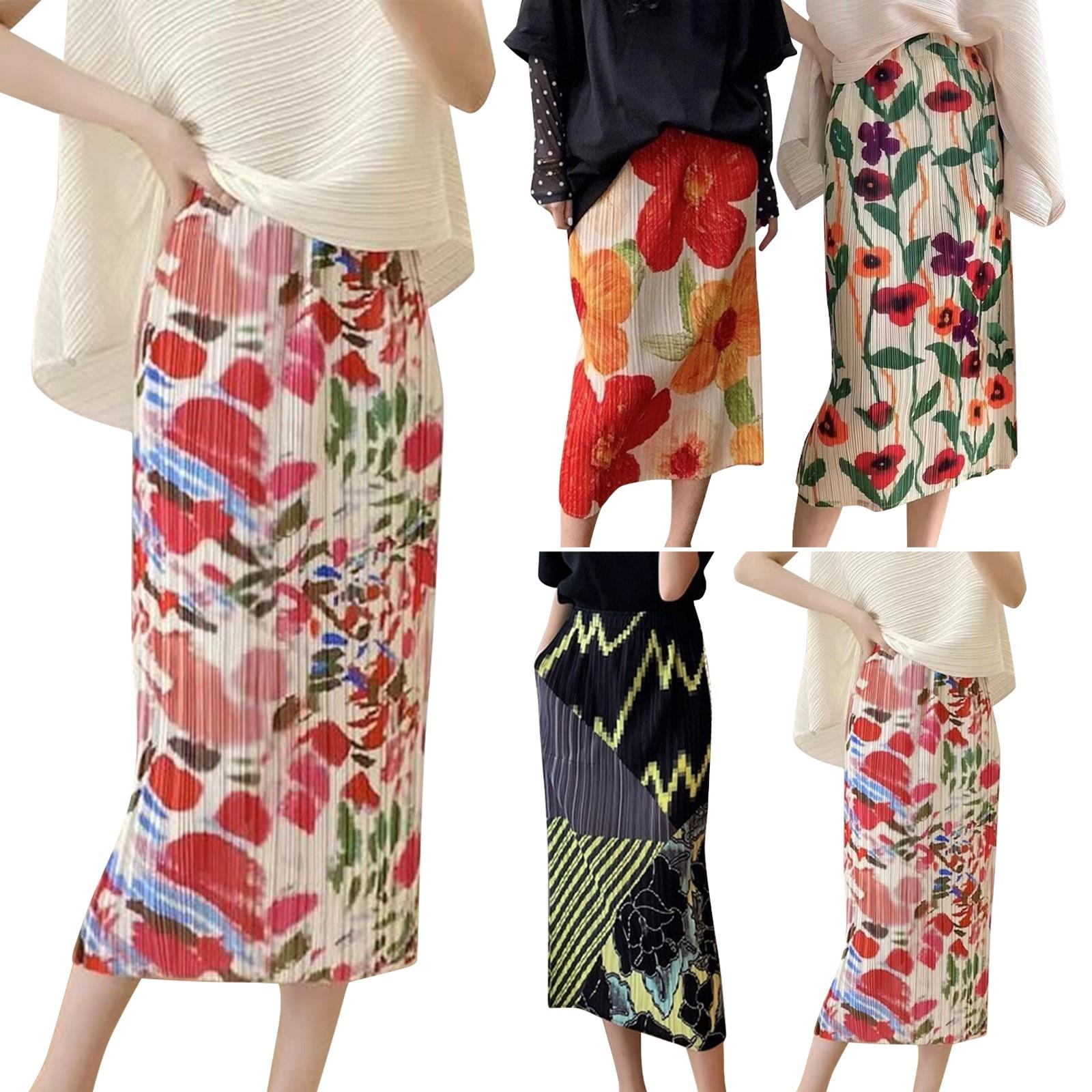 

Ladies Fashionable Midi Skirt With Pleated Print And Elastic Waist, Mid Length Skirt M чорний