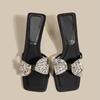 Fashion Summer New Stiletto Sandals Square Head Open Toe Sequin Butterfly Knot Thin Strap Anti-slip Wear-resistant High-heeled Slippers