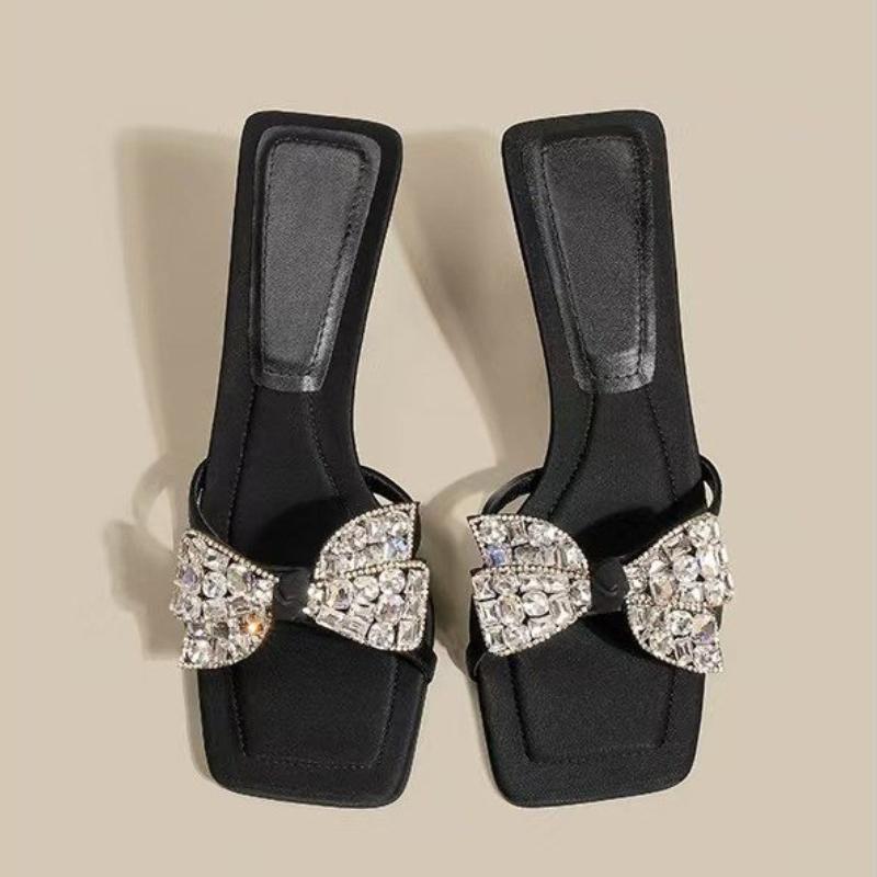Fashion Summer New Stiletto Sandals Square Head Open Toe Sequin Butterfly Knot Thin Strap Anti-slip Wear-resistant High-heeled Slippers