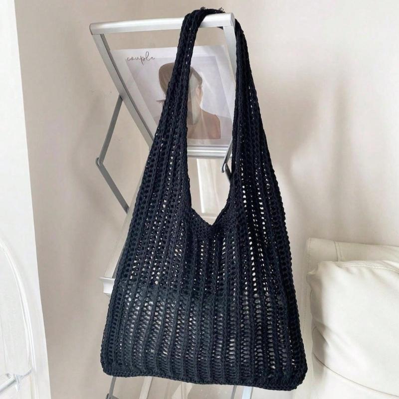 Solid Color Bohemian Knit Tote Bag Large Capacity Hollow Out Crochet for Women Birthday Holiday Gifts