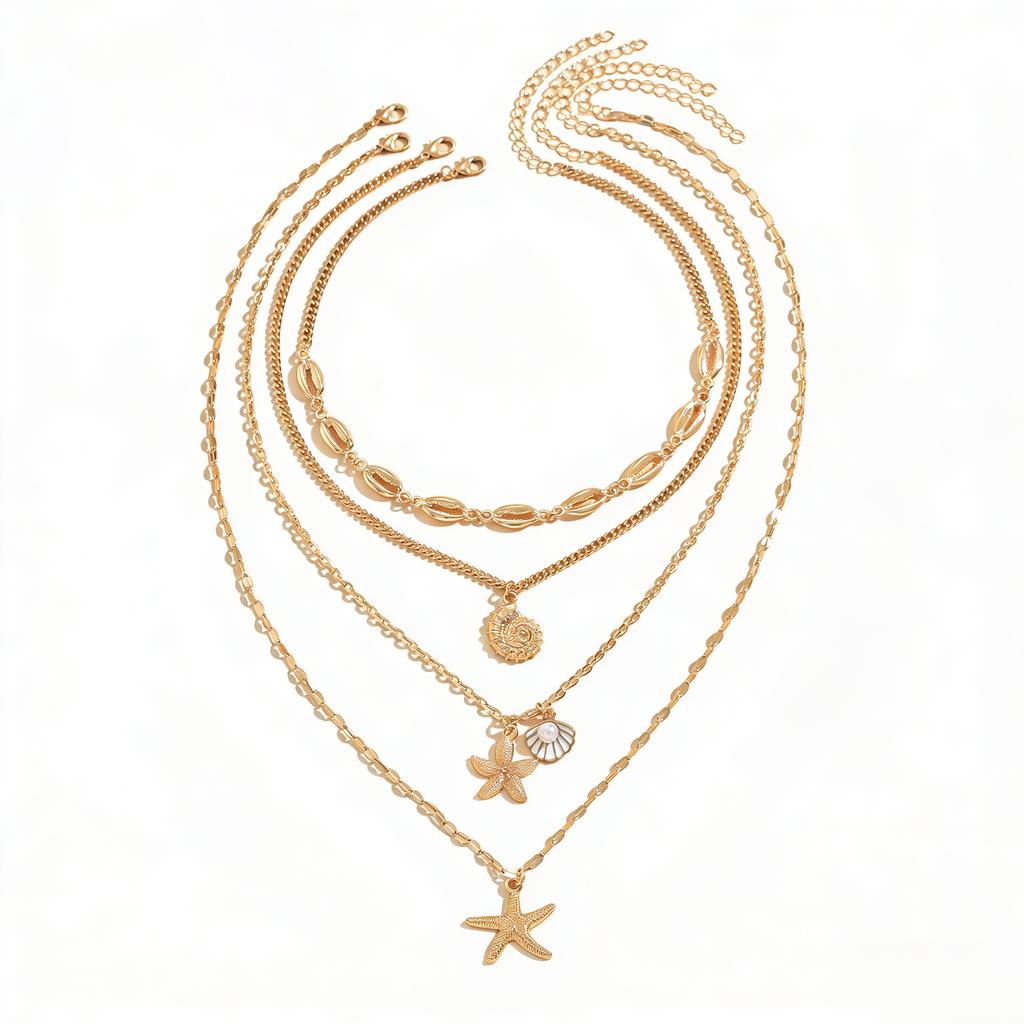 4-piece Layer Ocean Theme Necklace For Women Gold Starfish Shell Conch Pendant Vintage Boho Choker Chain Beach Jewelry Gift