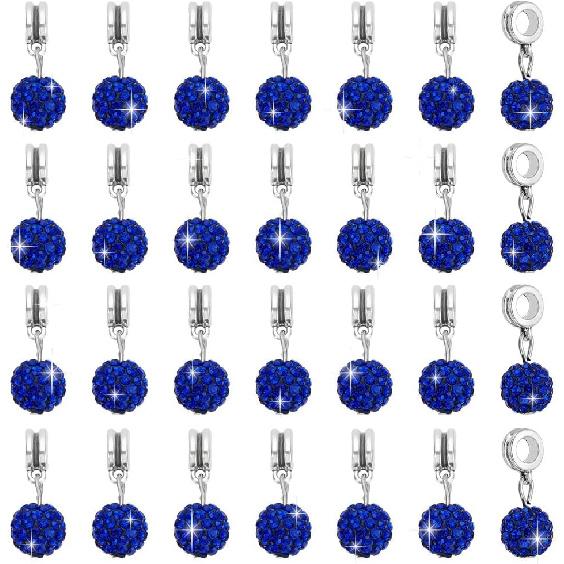 PH PandaHall 30pcs Dangle Pendant Charms, 10mm Blue Rhinestone Bead Dangle Charms European Dangle Bead 5mm Large Hole Spacer Beads Bails Connector