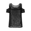 Top da Donna con Paillettes Spalle Scoperte Manica Corta Scollo Rotondo Vestibilità Larga Blusa Brillante per Uso Casual o da Festa
