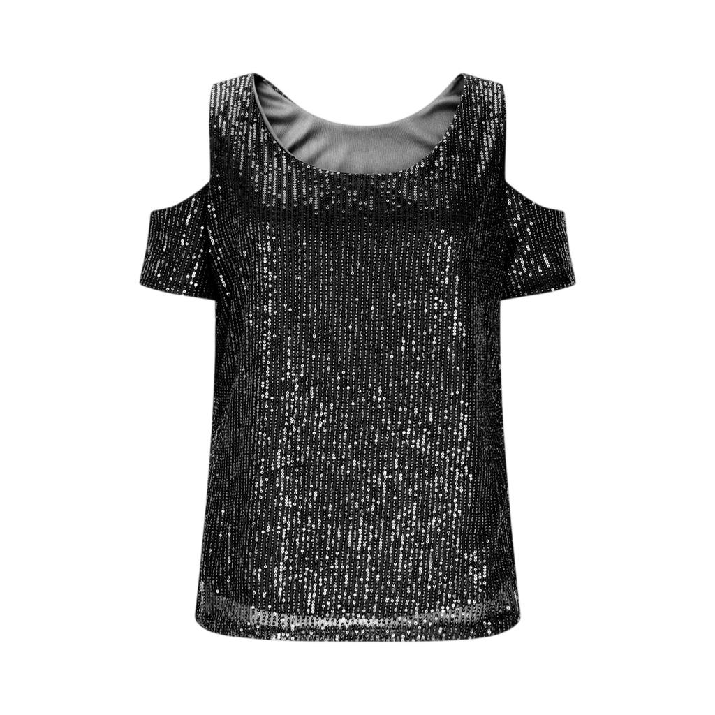 Top da Donna con Paillettes Spalle Scoperte Manica Corta Scollo Rotondo Vestibilità Larga Blusa Brillante per Uso Casual o da Festa