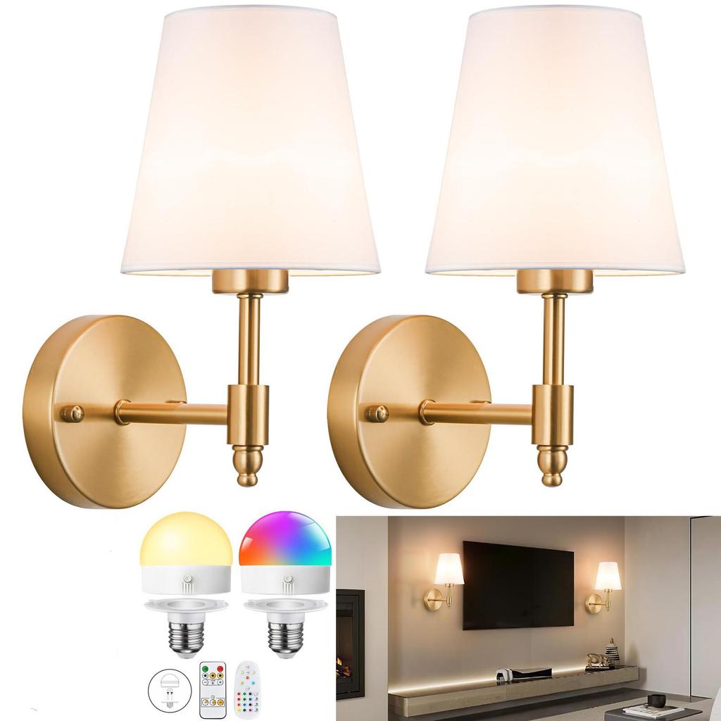 American-Style Wireless RGB Wall Lamp with Remote Control and Fabric Shade for Bedside, Living Room, or Stairwell