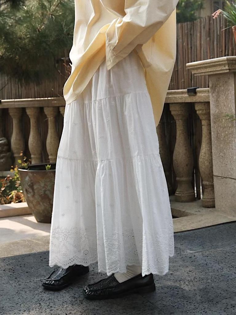 Louvre Bohemian Floral Hollow-Out Midi Skirt: Romantic, Elastic Waist, Loose Fit for Women