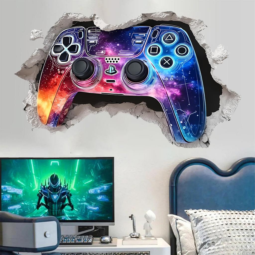 Tecknad 3D Bryta Vägg Spelkontroll Väggklistermärke Självhäftande Avtagbar för Sovrum Vardagsrum Arbetsrum Heminredning