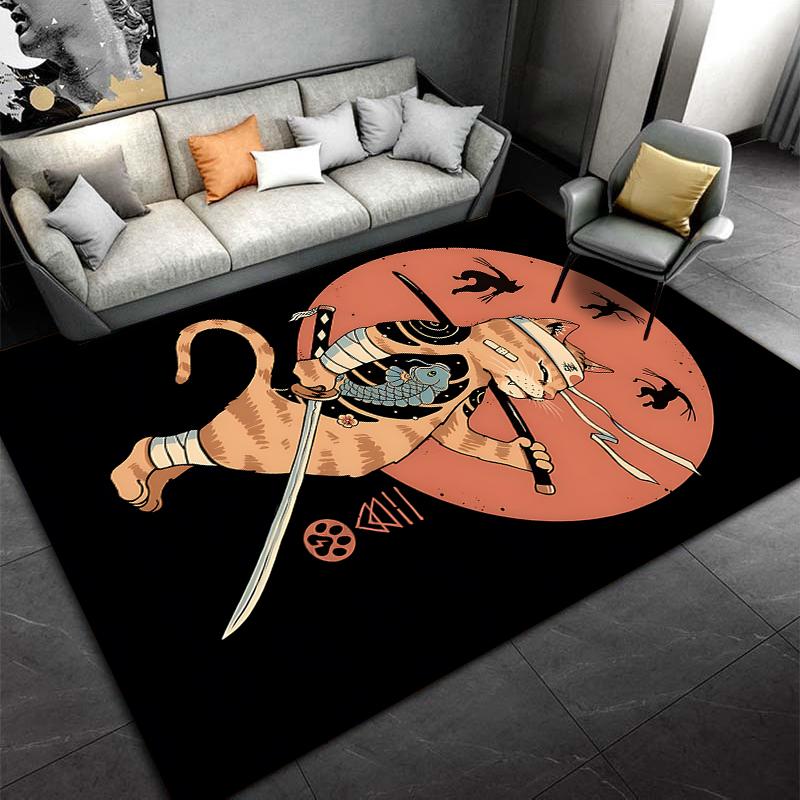 Cartoon Cat Ninja Samurai Carpet with Sword and Orange Moon Scene Suitable for use as an anti-slip for living room bedroom sofas