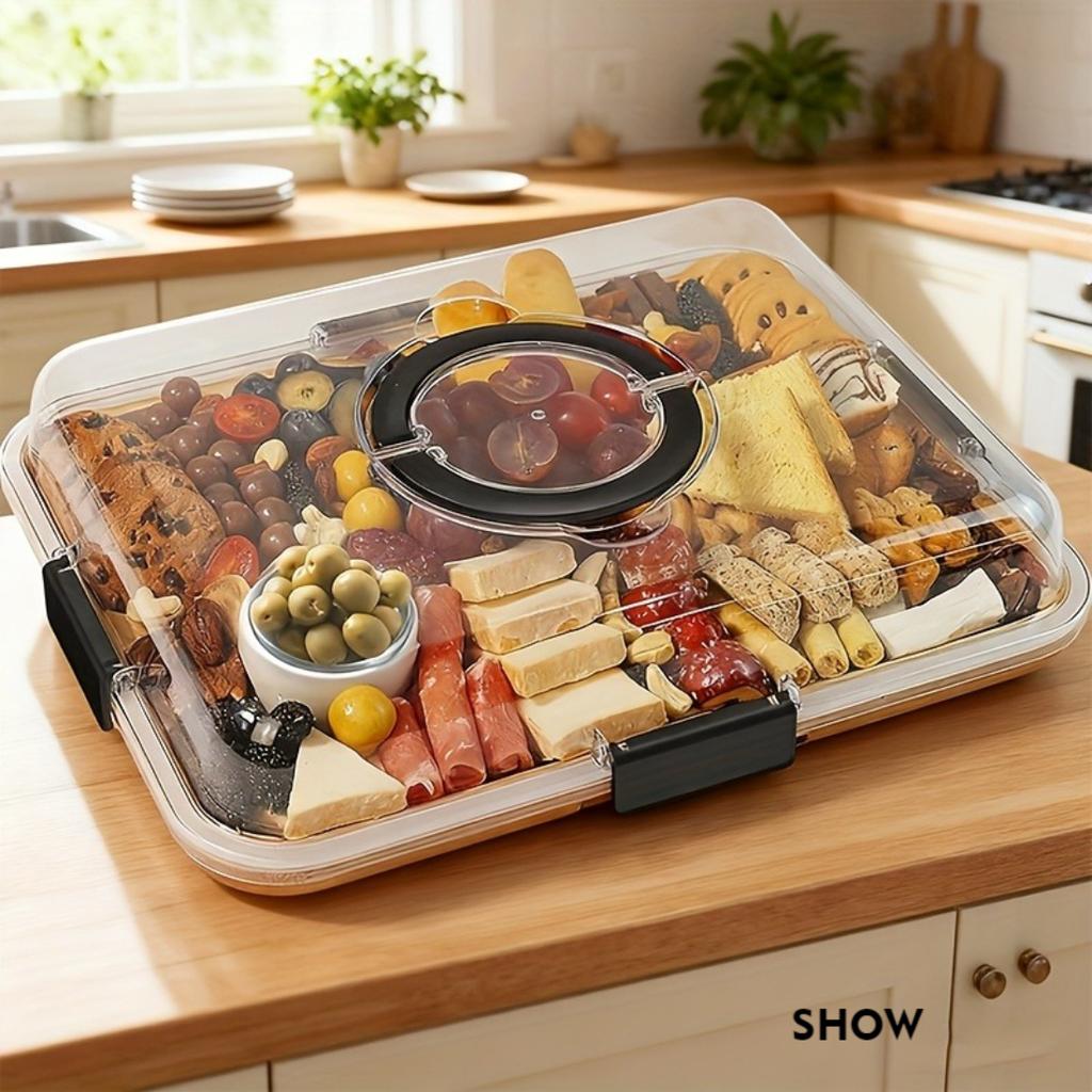 Portable Cheese Plate With Acrylic Lid,Safety Lock Reusable Flip Tray,Handle Serving Board For Cheese Snack, Party Picnic Holiday, Raw And Cooked Food
