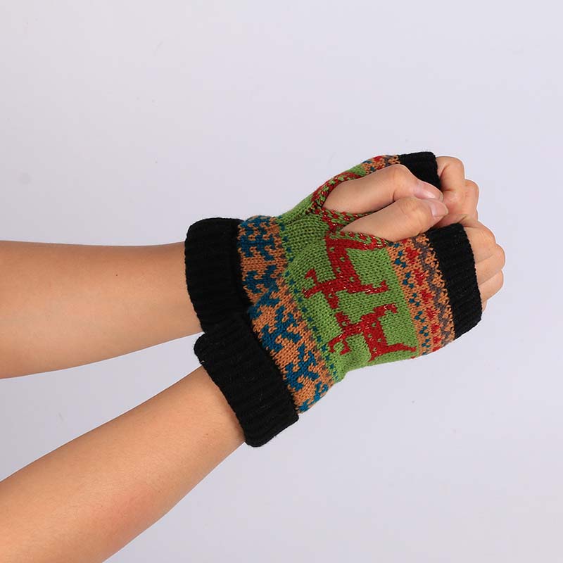 WTEMPO 1Pair Christmas Deer Pattern Knitted Gloves Couple Halloween New Half-finger Mittens Soft Colorful Warm Gloves