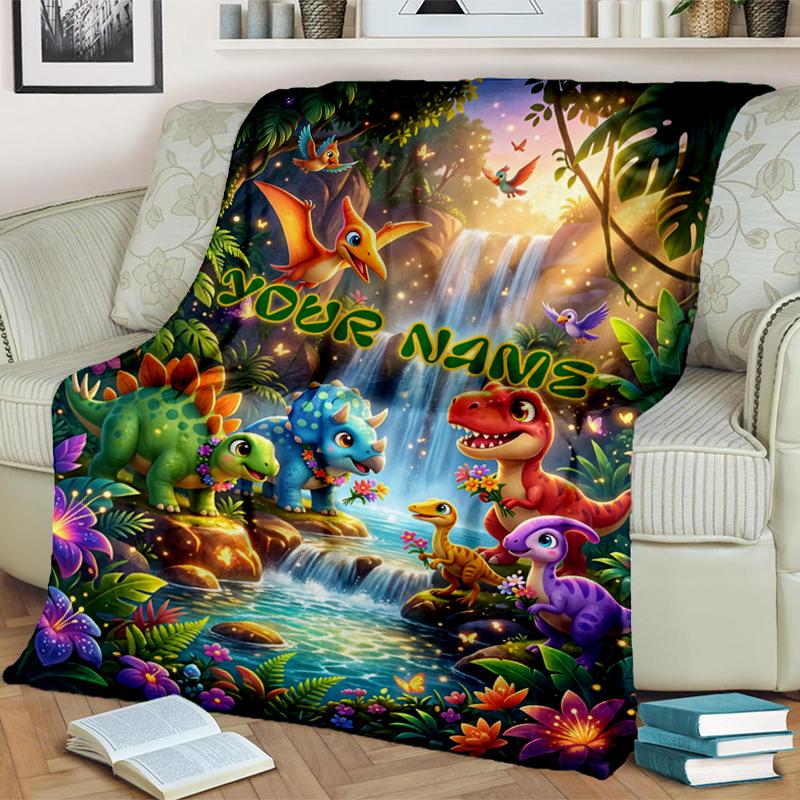 1PC Custom Name Dinosaur Adventure Fantasy Forest blanket versatile,all-season throw suitable for the living room,bedroom,camping,travel,and gift