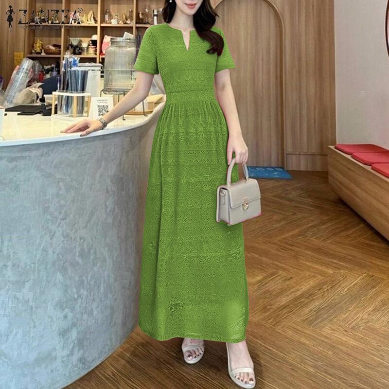 ZANZEA Women Casual V-Neck Summer Short Sleeve Lace Patchwork Dress