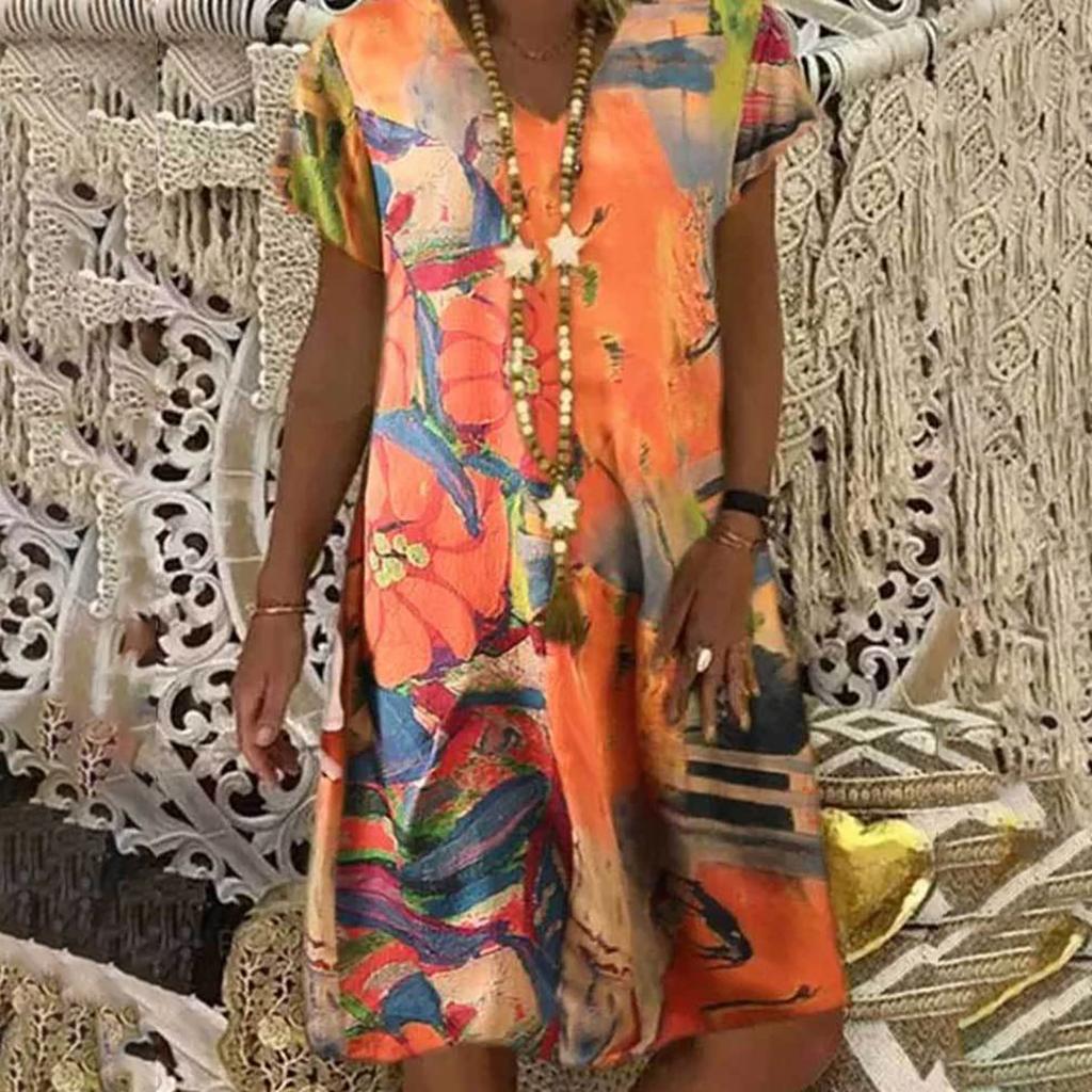 Loose Fit Mid-Length Dress with Off Shoulder Design and Printed Pattern Casual Summer Beachwear for Women
