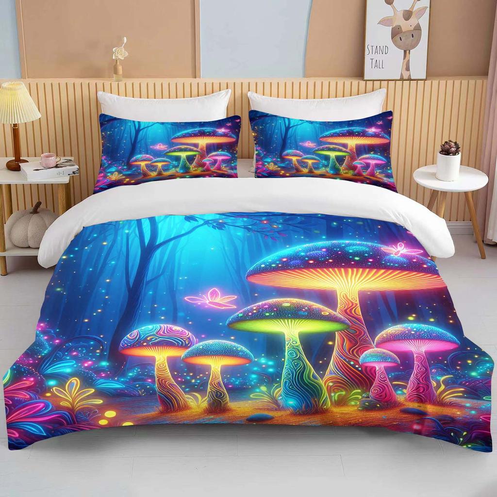 Super Vibrant Neon Psychedelic Mushrooms Print Bedding Set 3PC 1 Duvet Cover 2 Pillowcases Adult and Children Bedding Set Luxury