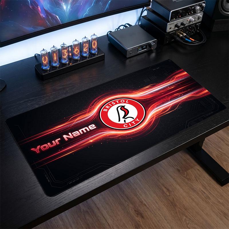 Bristol City Custom Large Mouse Pad, Personalized Name Text Print, Football Logo Non‑Slip Desk Mat Gaming Gift