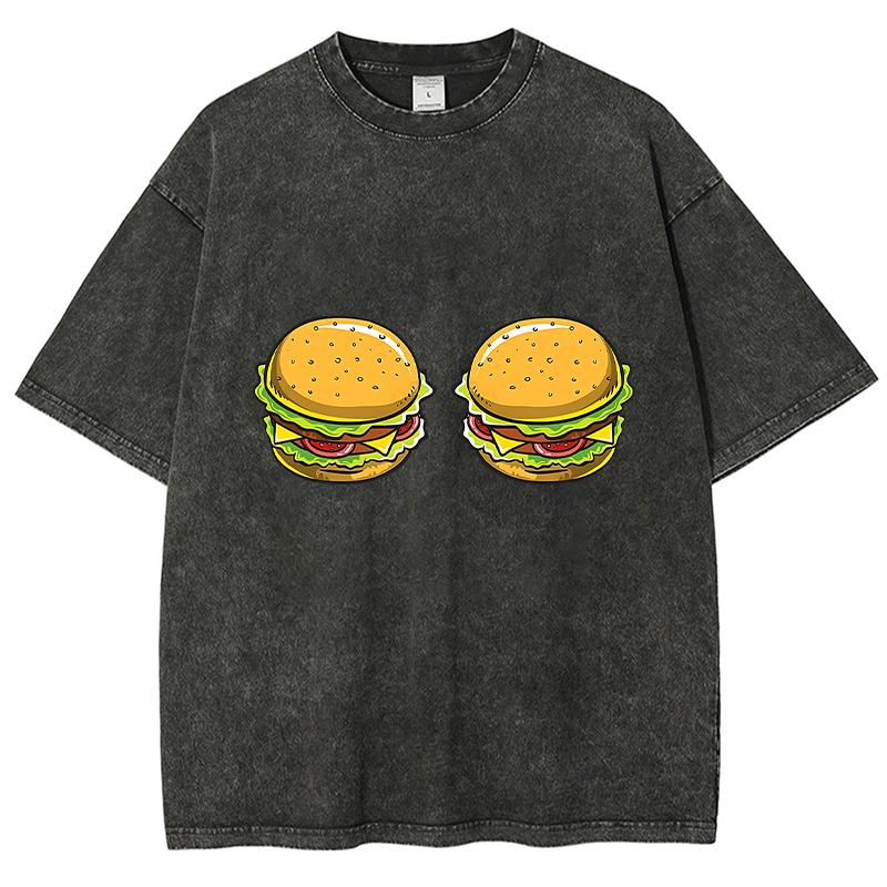 Two Hamburger Pattern Printed Pure Cotton Washed T-Shirt For Men And Women Unisex Loose Trendy Multi-Color Short Sleeved Shirt