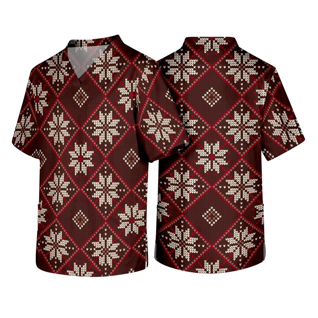 Men's Christmas Theme Caregiver Uniform, Holiday Scrub Top for Nurses and Workers