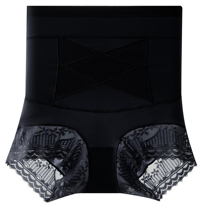 Women High Waist Lace Trim Cross Compression Tummy Control Shapewear Panties M