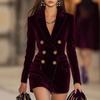 European and American Winter Clothing New Women's Suit Collar Temperament British Style Double-breasted Slim-fitting Golden Velvet Dress