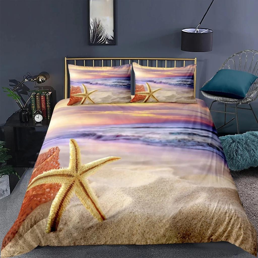 Fashion Modern Sunset Starfish Bedding Set 3d Scenery Beach Duvet Cover Set For Adults Gift Comforter Bed Linen