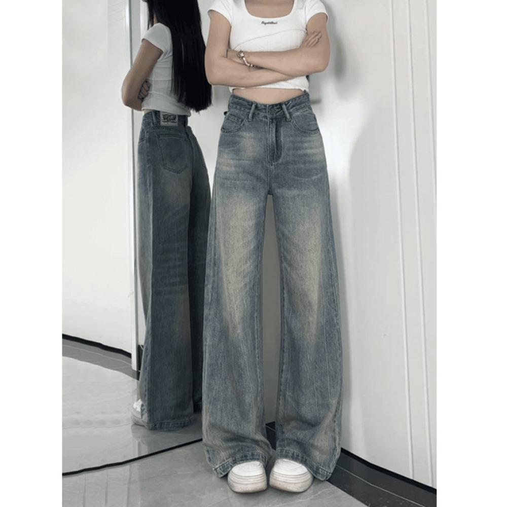 Women's High Rise Wide Leg Jeans Loose Fit Straight Cut Vintage Washed Denim Pants Draping Floor