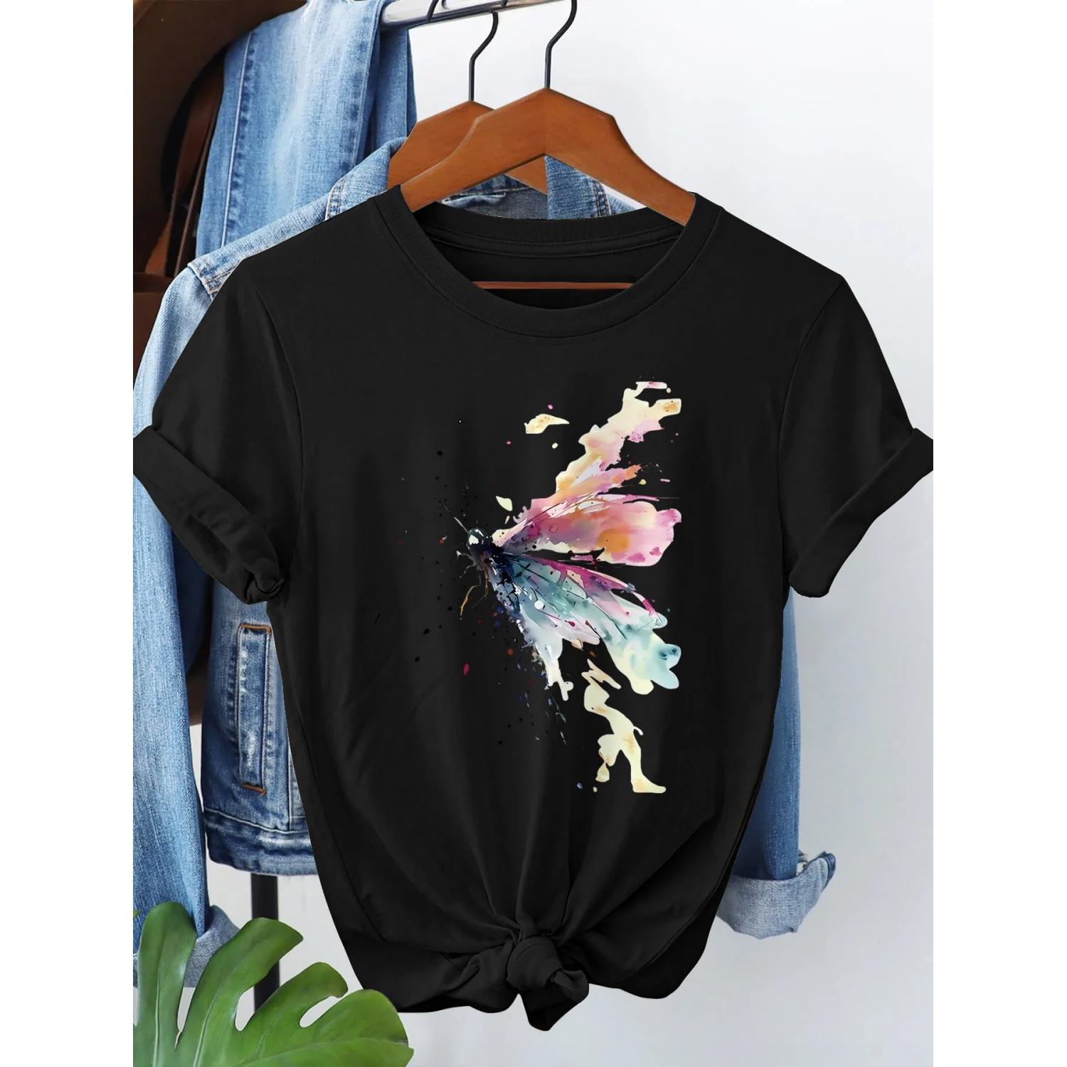 

Casual Top for Summer & Spring Women s Clothing Butterfly Print T-shirt Sleeve Crew Neck Aesthetic Clothes S чёрный