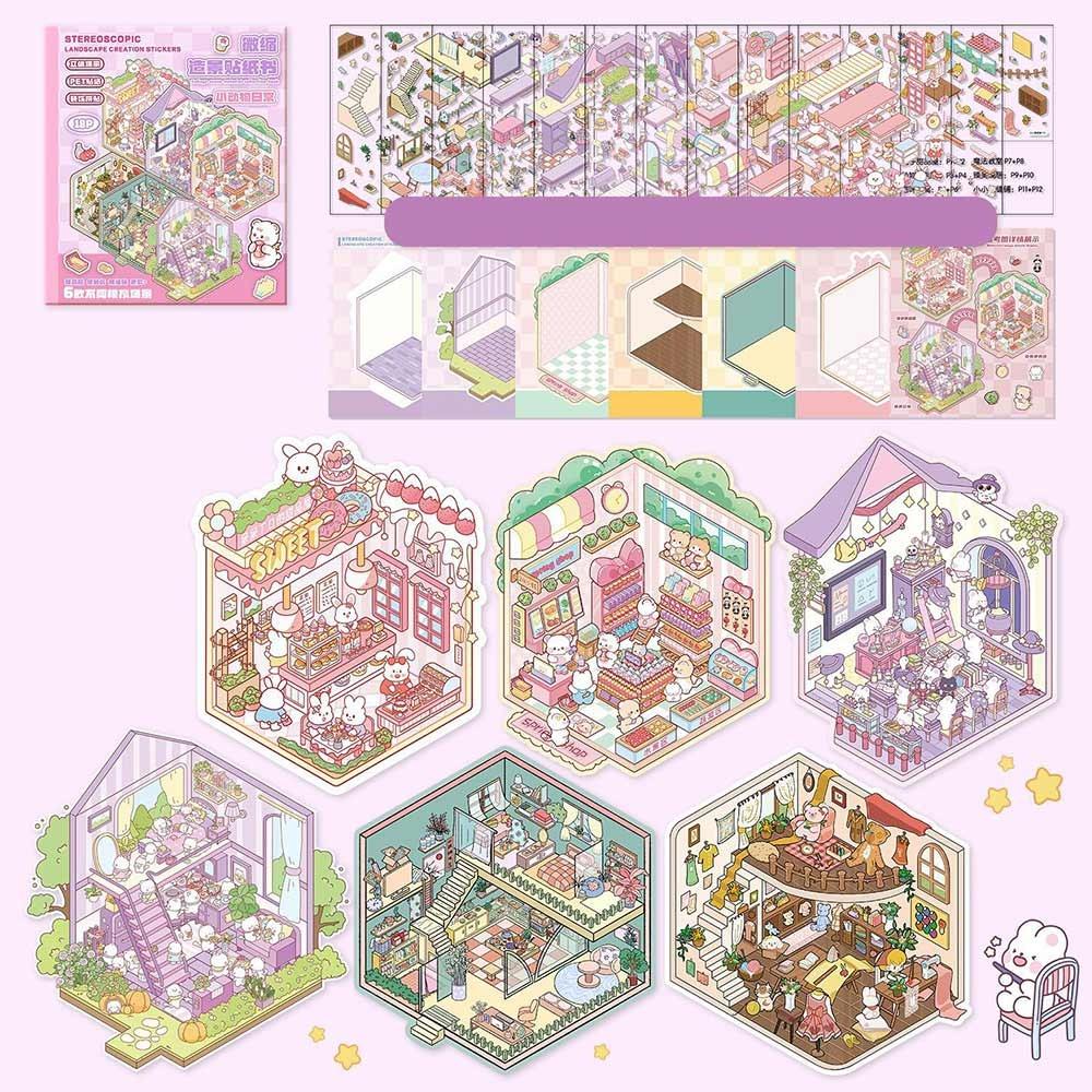 3D Cabin Scene Stickers Book Visual Stacking Cartoon Scene Sticker Collection DIY Cabin Scene Toy Game Stickers