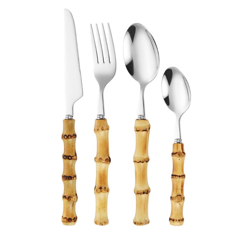 Bamboo Handle Cutlery Set: Solid Wood Steak Knife, Fork, and Spoon with 304 Stainless Steel Retro Design.