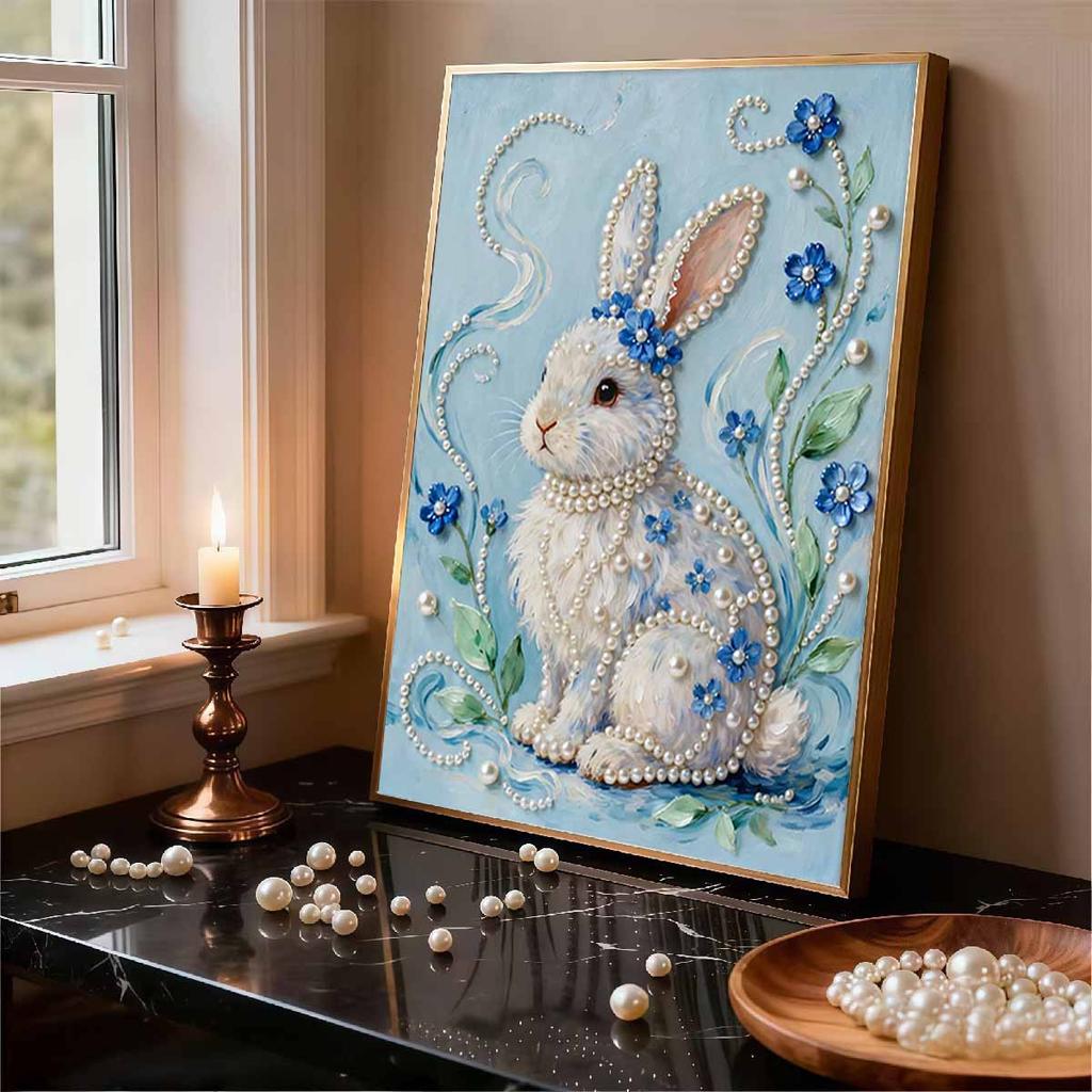 Crystal Pearl Painting 5D DIY Frame Decoration Painting White Rabbit Home Wall Decoration Transparent Pearl Gemstone Painting Picture Art Crafts