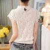 Vintage Stand Collar Slim Blouse Summer Short Sleeve Stylish Hollow Out Women's Clothing Lace Patchwork Casual Solid Color Shirt