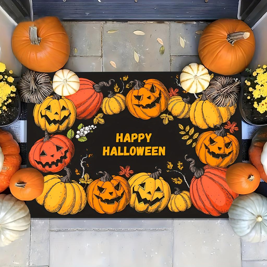 Halloween Pumpkin Area Rug Happy Halloween Lettering & Jack-o-Lantern Pattern Ccarpet Home Decor Carpet Kitchen Bathroom